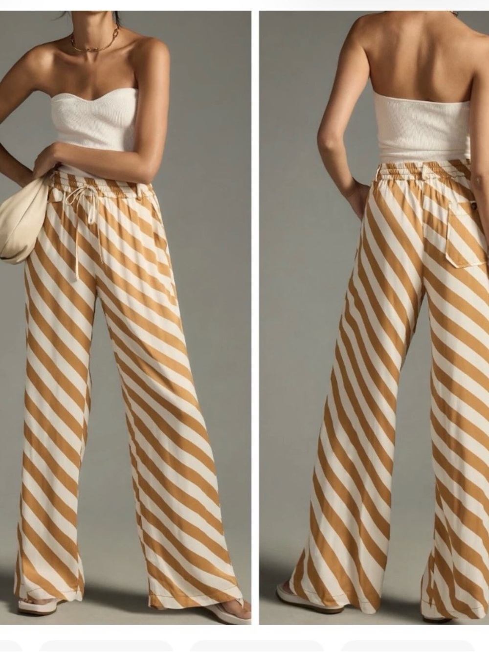 Anthropologie Maeve Striped Wide-Leg Drawstring Pants — White & Tan